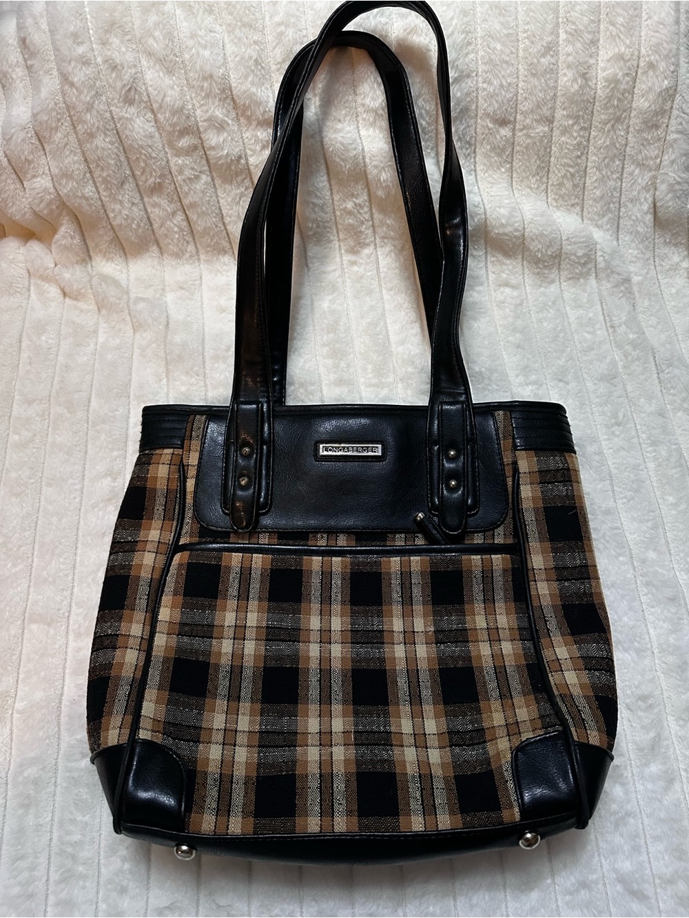 Longaberger Brown and Black Plaid Tote with Black Trim